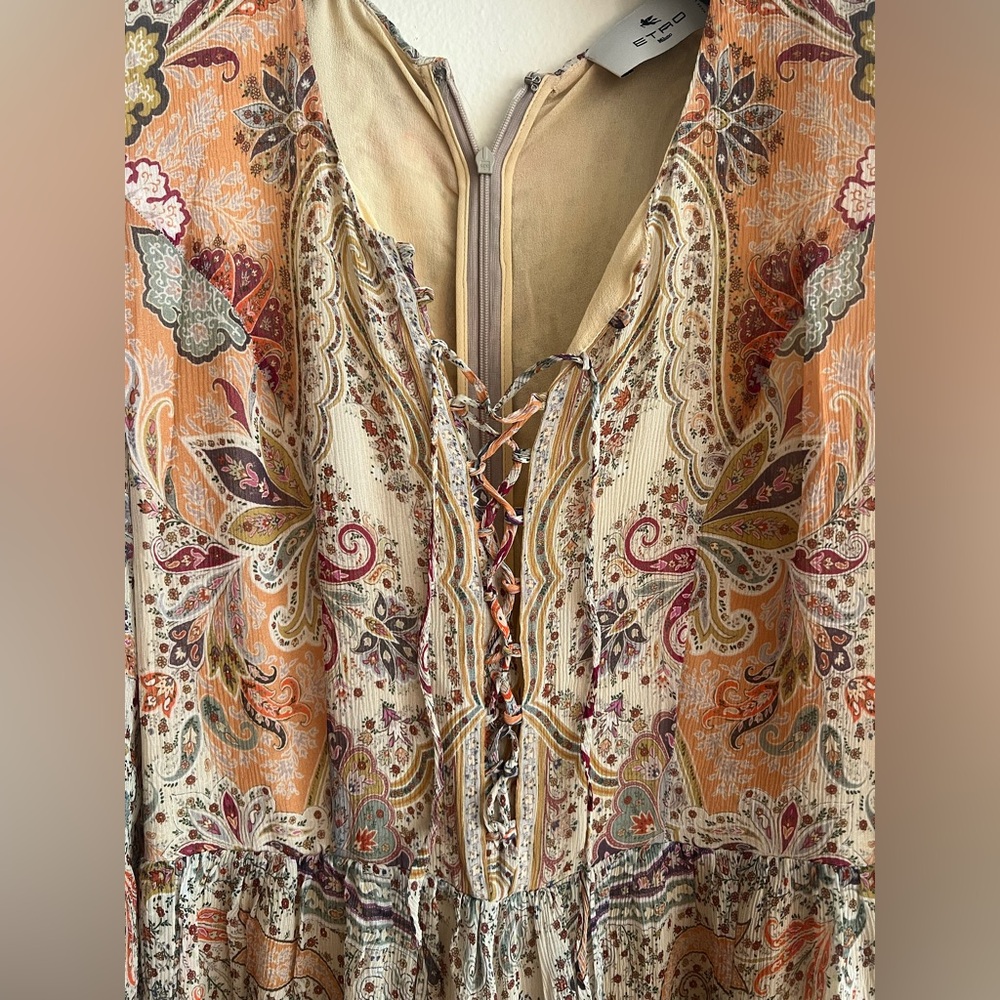 New Etro Milano Multicolor Paisley Print Chiffon Lace up dress Italy Size 40 - Picture 9 of 16